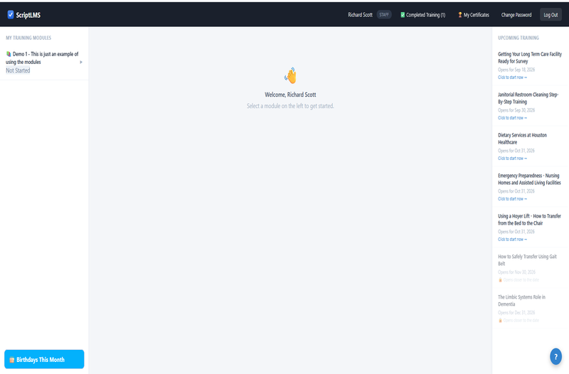 ScriptLMS staff portal with a training module ready to start